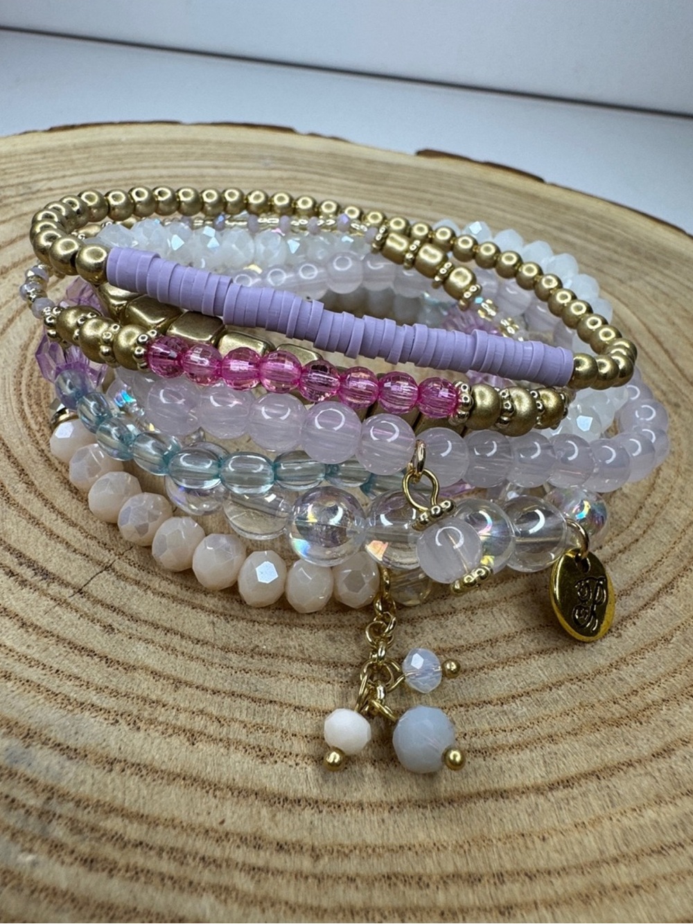 Plunder Pastel Beaded Boho Bracelet Stack with Gold Accents
